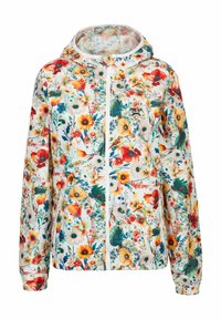 Leichte Jacke mit floralem Muster auf weißem Hintergrund, mit Reißverschluss vorne, elastischen Manschetten und Kapuze, die lebendige, mehrfarbige Blumen zeigt.