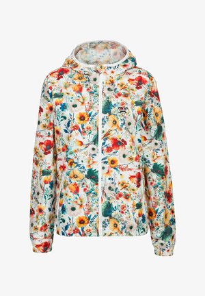 Lichte jas met bloemenpatroon op een witte achtergrond, met rits aan de voorkant, elastische manchetten en een capuchon met levendige bloemen in verschillende kleuren.