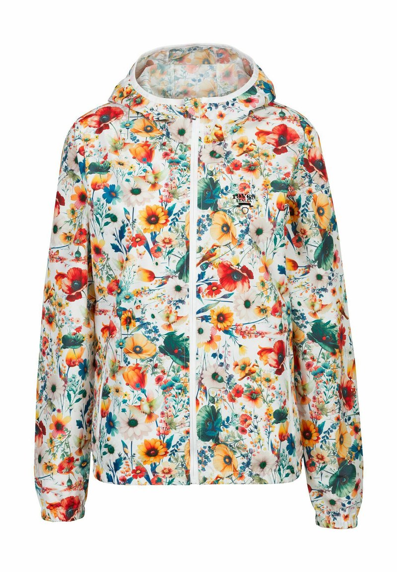 Leichte Jacke mit floralem Muster auf weißem Hintergrund, mit Reißverschluss vorne, elastischen Manschetten und Kapuze, die lebendige, mehrfarbige Blumen zeigt.