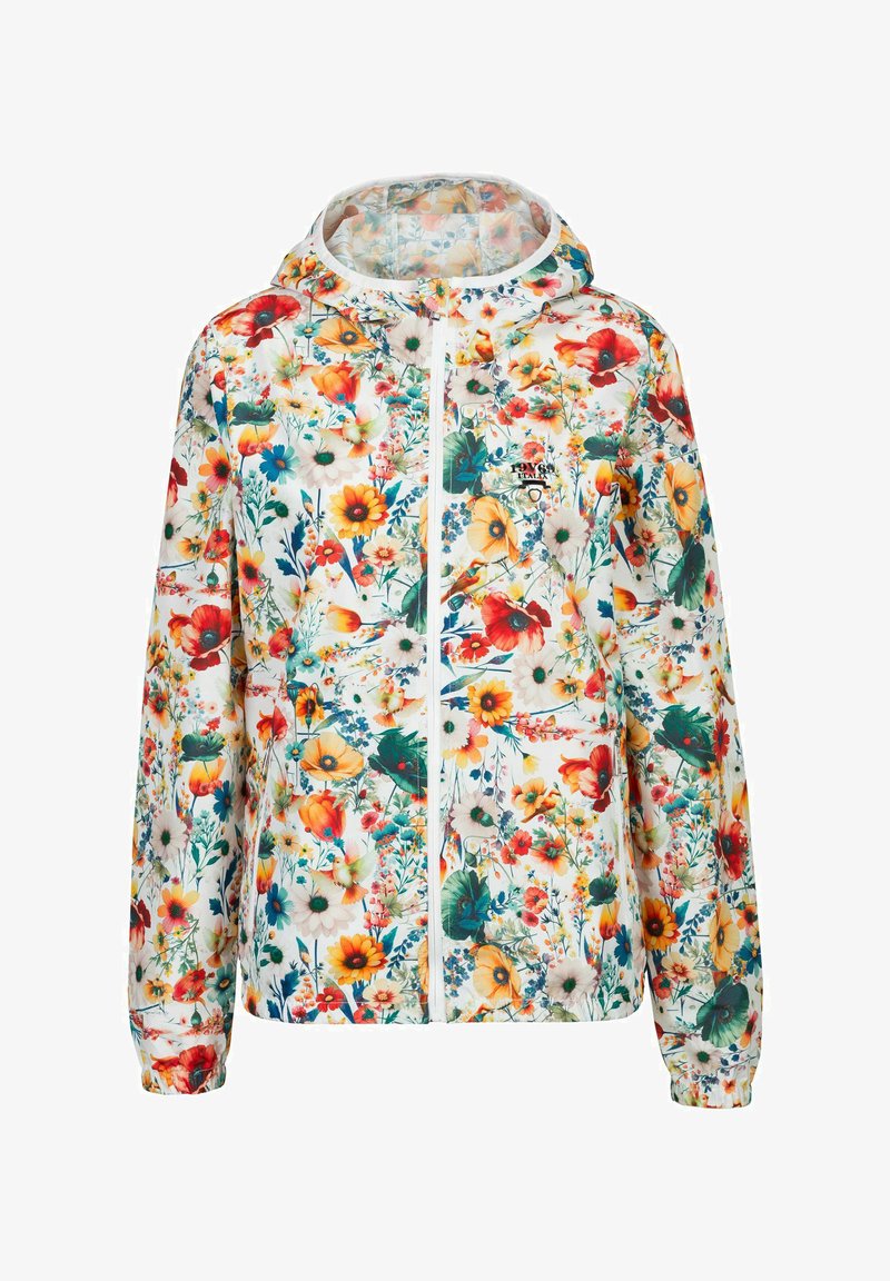 Leichte Jacke mit floralem Muster auf weißem Hintergrund, mit Reißverschluss vorne, elastischen Manschetten und Kapuze, die lebendige, mehrfarbige Blumen zeigt.