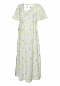 Robe maxi fleurie en tissu léger, avec un décolleté en V, des manches courtes, et une coupe ample, ornée de motifs floraux jaunes et bleus sur un fond blanc.