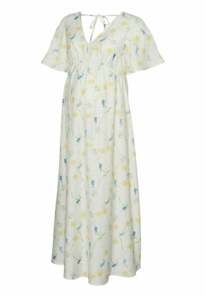 Pitkä kukkamekko kevyestä kankaasta, jossa V-pääntie, lyhyet hihat ja rento istuvuus sekä keltaisia ja sinisiä kukkakuoseja valkoista taustaa vasten.