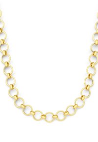 Collier en chaîne dorée avec des maillons circulaires entrelacés, photographié sur un fond blanc.