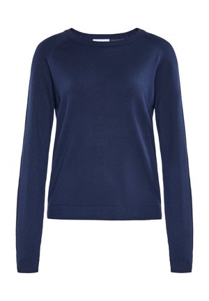 Pulover tricotat de culoare bleumarin, cu mâneci lungi, de tip crew neckline și manșete cu margine striată. Prezintă o croială lejeră și o textură netedă.