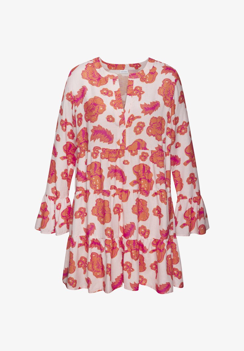 Blumenkleid mit einem hellrosanen Hintergrund, verziert mit orangefarbenen und fuchsianen Blumen. Ausgestellte Ärmel und gestufte Rüschendetails am Saum.