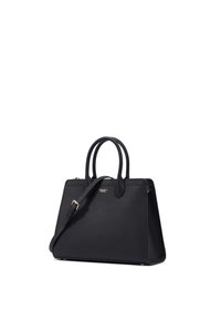 Borsa a tracolla in pelle nera con un design strutturato, doppi manici superiori, una tracolla regolabile e dettagli in metallo dorato.