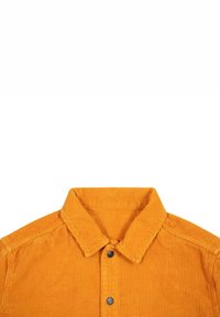 Corduroy shirt with a vibrant orange color, featuring a pointed collar, front buttons, and vertical ribbed texture.
