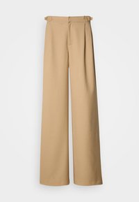 Pantalones beige de pierna ancha con cintura alta, frente plisado y pasadores para cinturón. Hechos de una tela suave con un diseño limpio y minimalista.