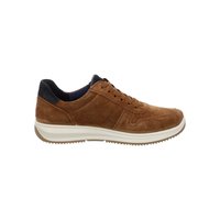 Brown suede casual sneaker with white sole and black heel collar, featuring lace-up closure and textured rubber outsole.