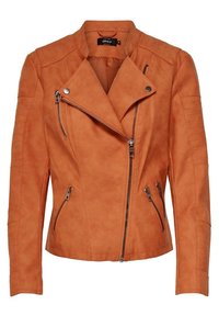 Rdzawoczerwona kurtka motocyklowa z sztucznej skóry z asymetrycznym zamkiem błyskawicznym, dwoma przednimi kieszeniami oraz pikowanymi detailami na ramionach i rękawach.