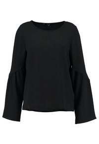 Blusa nera con maniche lunghe a campana e scollatura rotonda; realizzata in un tessuto leggero con una texture liscia e senza motivi visibili.