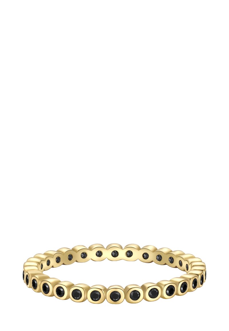 Anillo de oro con piedras preciosas negras redondas espaciadas de manera uniforme, engastadas en pequeñas cajas cuadradas alrededor de la banda.