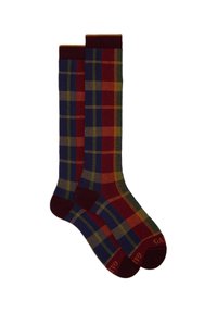 Calzini alti fino al ginocchio con un motivo a quadri multicolore in bordeaux, blu navy e giallo, con una texture liscia e polsini solidi a contrasto.