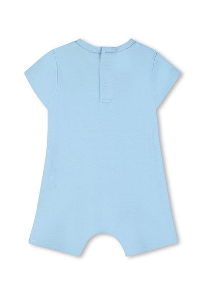 Niebieski krótki kombinezon z miękkiego materiału, z kołnierzykiem i zapięciem na trzy guziki z tyłu. Zapięcie na zatrzaski na dole.