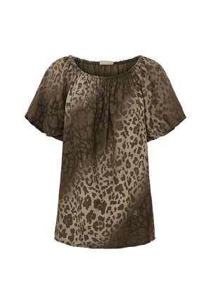 Brun kortærmet bluse med elastisk rund halsudskæring og mørkt leopardprint, løs pasform.