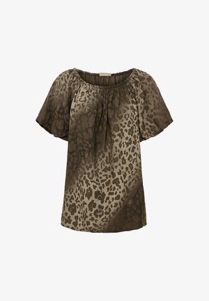 Brun kortærmet bluse med elastisk rund halsudskæring og mørkt leopardprint, løs pasform.