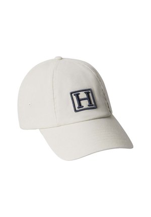 White baseball cap with a curved brim, featuring a black embroidered "H" inside a square on the front panel.