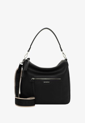 Zwarte leren schoudertas met voorvak met ritssluiting, afneembare gevlochten stoffen schouderriem en korte leren handgreep.