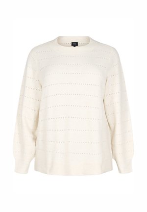 Pull en tricot couleur crème avec de longues manches bouffantes et des motifs de lignes pointillées horizontales, avec un col rond.