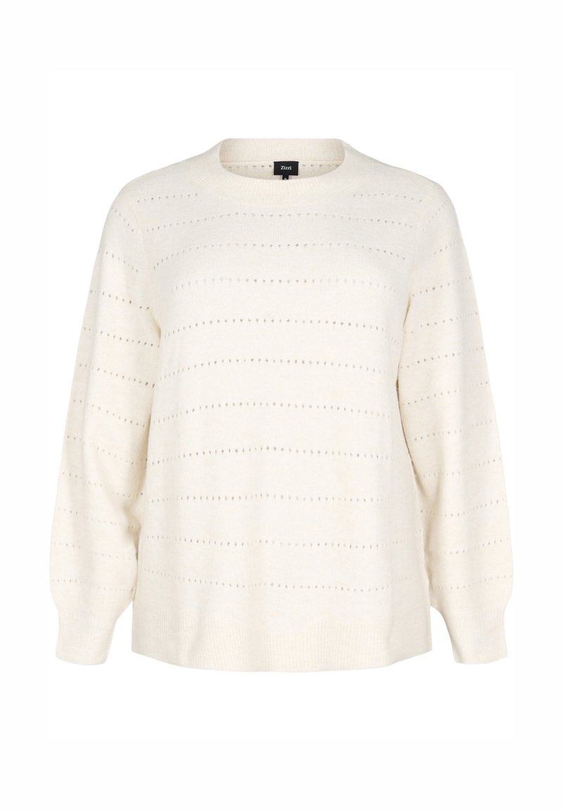 Pull en tricot couleur crème avec de longues manches bouffantes et des motifs de lignes pointillées horizontales, avec un col rond.