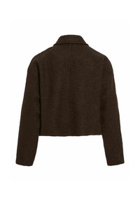 Apgriezta brūna jaka ar fakturētu audumu, apkakli un garām piedurknēm, ar vienkāršu muguras dizainu un minimālu aparatūru.