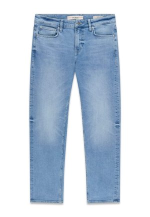 Jasnoniebieskie dopasowane dżinsy o kroju slim-fit z pięciokieszeniowym wzorem, zapięciem na guzik i suwak oraz wyblakłymi detalami na udach i kolanach.