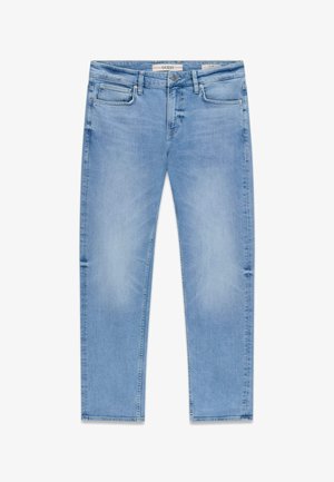 Jasnoniebieskie dopasowane dżinsy o kroju slim-fit z pięciokieszeniowym wzorem, zapięciem na guzik i suwak oraz wyblakłymi detalami na udach i kolanach.