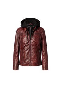 Rote Lederjacke mit schwarzem Kapuzenpulli, Reißverschluss vorne, zwei Reißverschlusstaschen und strukturierten Schultern. Verfügt über einen modernen Schnitt und einen eleganten Finish.