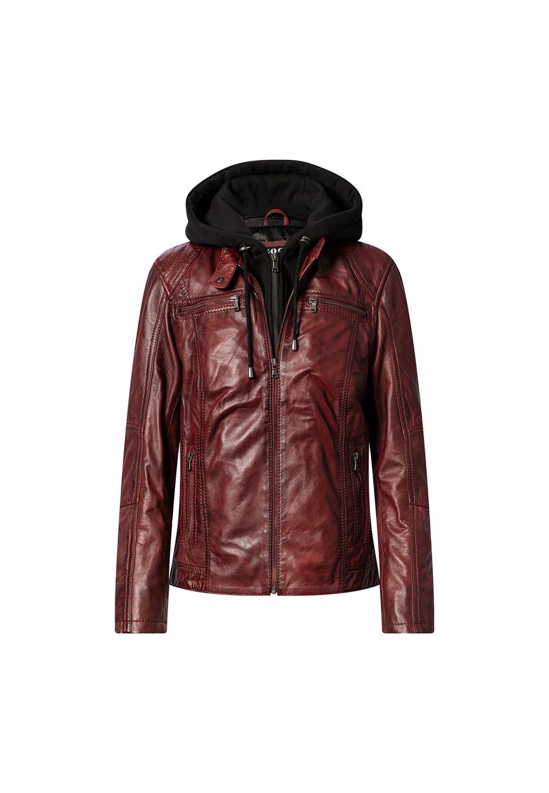Rote Lederjacke mit schwarzem Kapuzenpulli, Reißverschluss vorne, zwei Reißverschlusstaschen und strukturierten Schultern. Verfügt über einen modernen Schnitt und einen eleganten Finish.