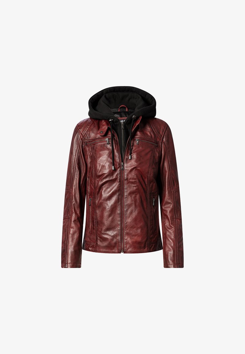 Rote Lederjacke mit schwarzem Kapuzenpulli, Reißverschluss vorne, zwei Reißverschlusstaschen und strukturierten Schultern. Verfügt über einen modernen Schnitt und einen eleganten Finish.