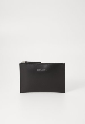 Black leather pouch with a smooth texture, featuring a zip closure and a silver logo printed on the front. Compact and rectangular design.