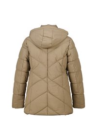 Beige gewatteerde jas met een capuchon, voorzien van diagonale stiksels, lange mouwen en een gladde textuur aan de achterkant.