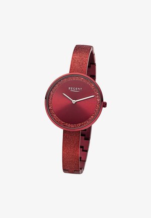 Montre-bracelet métallique rouge avec bracelet et lunette scintillants, cadran uni, aiguilles argentées et logo "REGENT" à la position 12 heures.