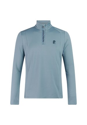 Lichtblauw shirt met lange mouwen, een kwart ritssluiting en een opstaande kraag, met een klein logo op de linkerborst en branding op de ritsstrook.