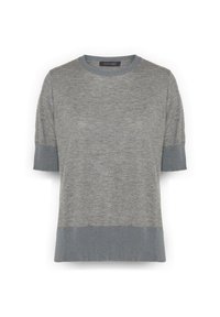 Maglione corto grigio a maniche corte realizzato in materiale morbido, con scollatura rotonda e rifiniture in un grigio più scuro a maniche e orlo inferiore.