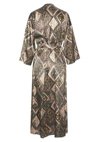Long kimono-style robe in patterned fabric, featuring diamond shapes in shades of gold, brown, and green with wide sleeves and a tied belt.