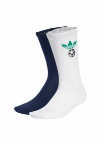 Ponožky z bavlněné směsi v bílé a námořnické modři, s žebrovanou strukturou, kontrastními barvami a zeleným logem Adidas trefoil s grafikou fotbalového míče.