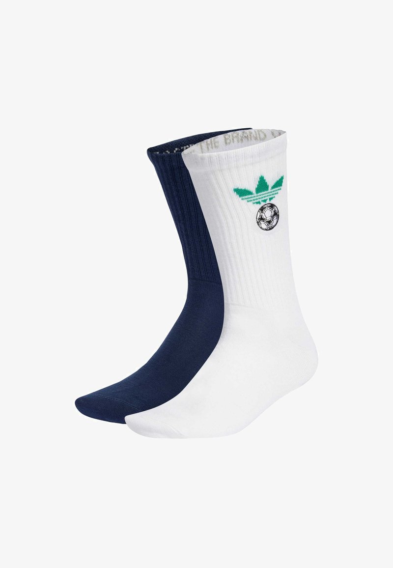Baumwollmischung-Socken in Weiß und Marineblau mit geripptem Muster, kontrastierenden Farben und einem grünen Adidas-Trefoil-Logo mit einem Fußballgrafik.