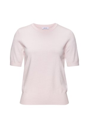 Hellrosa kurzer Pullover mit kurzen Ärmeln aus weichem Strick. Verfügt über einen Rundhalsausschnitt und gerippte Details an den Ärmeln und am Saum für eine taillierte Passform.