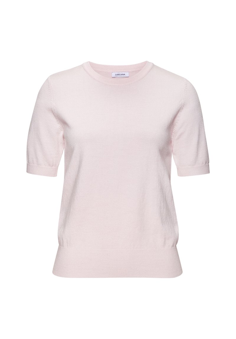 Svetloružový krátky sveter s krátkym rukávom z mäkkej pleteniny. Má okrúhly výstrih a rebrované detaily na rukávoch a leme pre priliehavý vzhľad.