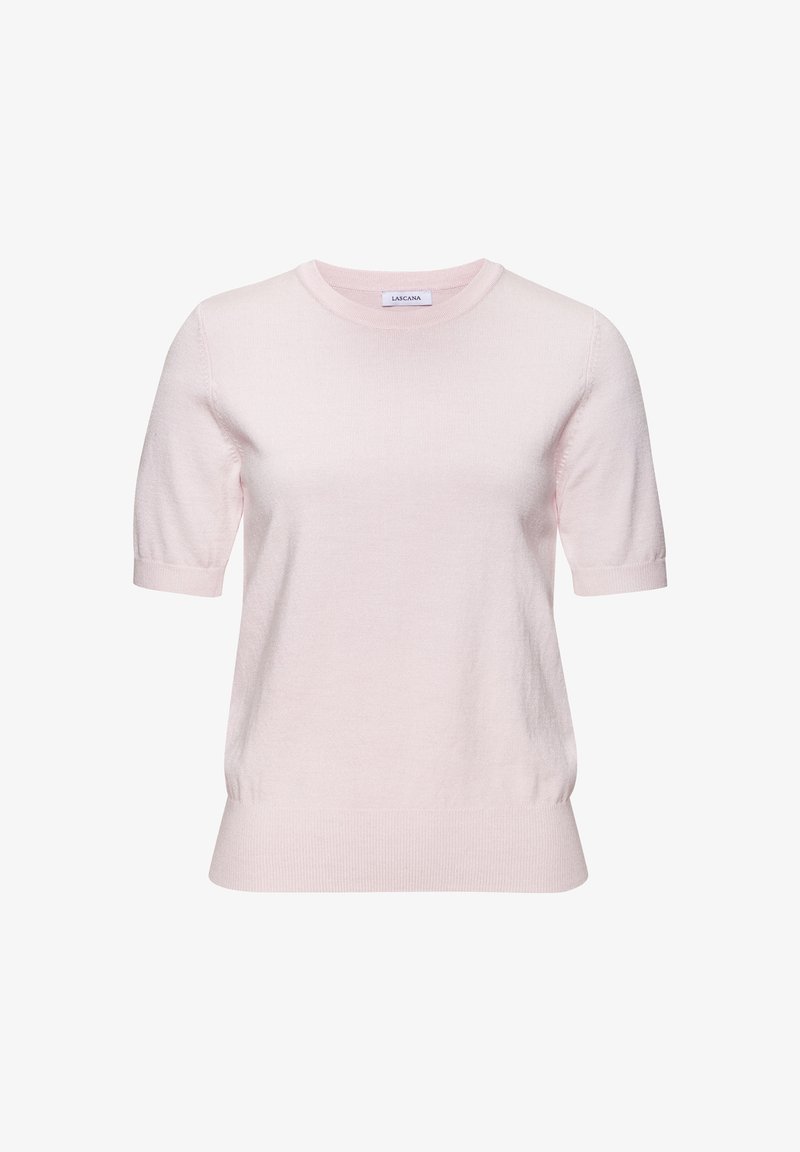 Svetloružový krátky sveter s krátkym rukávom z mäkkej pleteniny. Má okrúhly výstrih a rebrované detaily na rukávoch a leme pre priliehavý vzhľad.