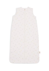 Sac de couchage sans manches en blanc avec des motifs de feuilles orange pâle, fabriqué en tissu côtelé avec une fermeture éclair à l'avant et un col rond.