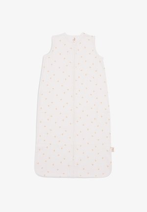 Mouwloze slaapzak in het wit met lichtoranje bladerenpatronen, gemaakt van ribbelstof met een voorzijde rits en ronde hals.