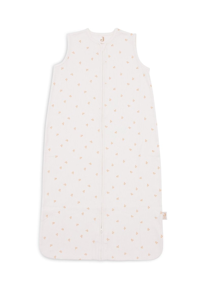 Sac de couchage sans manches en blanc avec des motifs de feuilles orange pâle, fabriqué en tissu côtelé avec une fermeture éclair à l'avant et un col rond.