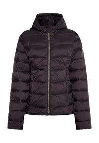 Giubbotto piumino nero con cappuccio, caratterizzato da un design trapuntato e una zip frontale. Il materiale appare lucido con una texture liscia.