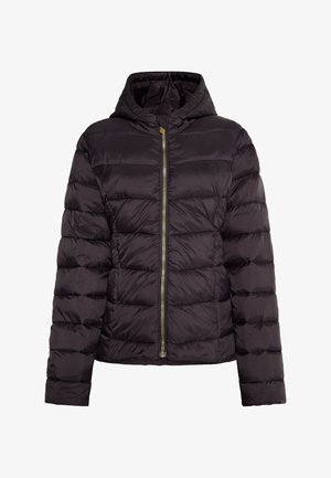 Schwarze Puffjacke mit Kapuze, ausgestattet mit einem gesteppten Design und einem Reißverschluss auf der Vorderseite. Das Material wirkt glänzend und hat eine glatte Textur.