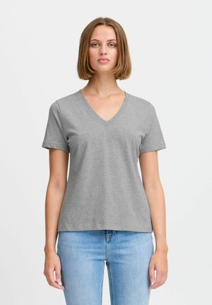 Gray V-neck T-shirt made of soft fabric, short sleeves, relaxed fit, and clean lines. Paired with light blue jeans.