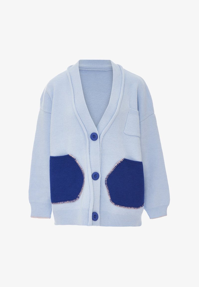 Cardigan azzurro chiaro con scollatura a V, due tasche a toppa blu scuro e bottoni blu. Tessuto a maglia con bordi a contrasto e design semplice.