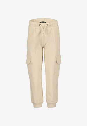 Beżowe dresy wykonane z miękkiego materiału, z elastycznym paskiem w talii ze sznurkiem, ściągaczami na końcach nogawek oraz dwiema bocznymi kieszeniami typu cargo.