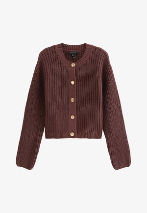 Cárdigan marrón de punto grueso con mangas largas y cinco botones decorativos dorados al frente, con cuello redondo.